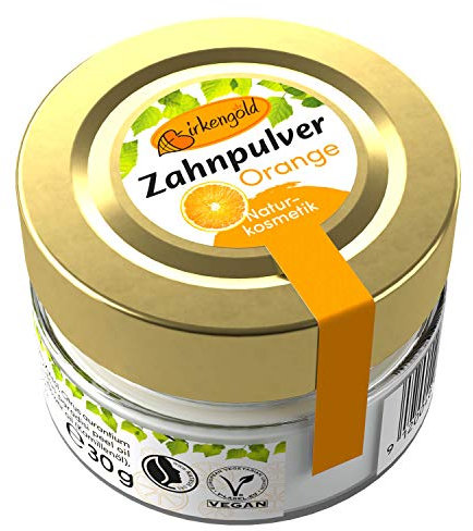 Birkengold Zahnpulver Orange 30 g Glas, 1 Stück, plastikfrei, im Glastiegel verpackt, 100% natürliche Zutaten, keine Schaumbildner und Konservierungsstoffe, Naturkosmetik zertifiziert, vegan