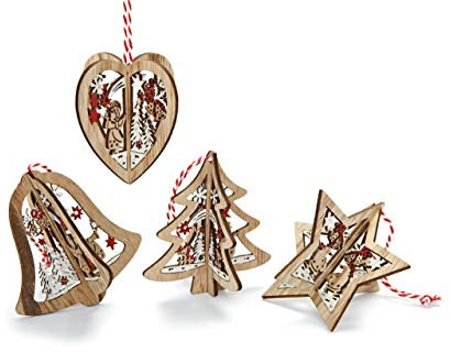 Heitmann Deco Weihnachtsbaumschmuck, Holz, natur/rot, 7-8cm