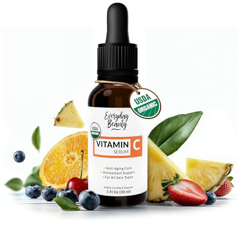 Organic Vitamin C Serum for Face - USDA Certified Facial Serum - Anti Aging For Fine Lines & Wrinkles - Potent Botanical Ingredients & Non GMO - 1 Fl Oz Glass Bottle & Dropper