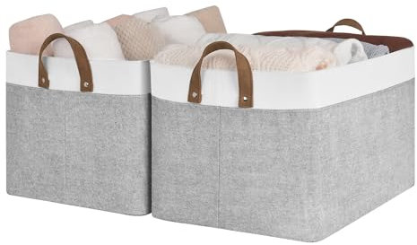StorageWorks Storage Baskets for Shelves, Extra Large Closet Baskets with Metal Frame, Wardrobe Storage Boxes Large, Laundry Room Clothing Boxes with Handles, Grey and White, 2-Pack