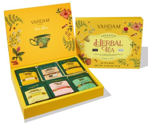 VAHDAM, Coffret Cadeau Assorti De Thé Tisanes (6 Saveurs, 36 Sachets), Coffret De Thé | Sans Caféine, Sans Gluten, Sans OGM | Coffret De Tisane, Sachet en Pyramide | Cadeau pour Femme et Homme