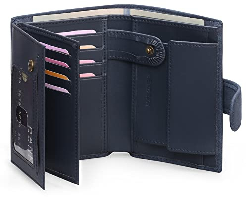 SENDEFN Men's Leather Wallet, RFID Blocking Wallet, Men's Vertical Wallet with 19 Card Slots, 3 Bill Slots, 1 Coin Pocket with Button, Qd-blue Frosted, 5000