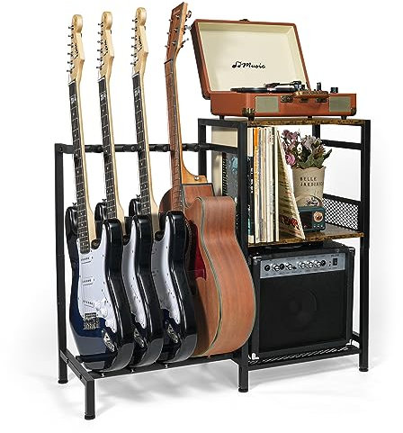ikkle Guitar Stand Multiple Guitars with Vinyl Record Storage Cabinet Holder, Guitar Floor Holder with 3-Tier Storage Shelf for Acoustic, Bass, Electric, and Guitar Case. (Two Installation Methods)