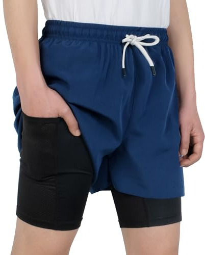 LAUSONS Short de Sport Enfant Garçon 2 en 1 Shorts de Course Respirant Séchage Rapide Double Couche Fitness Short avec Poches Marin 13-14 Ans