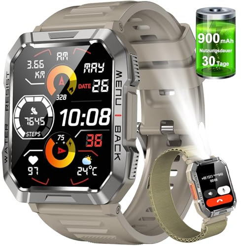 IOWODO Militär Smartwatch Herren,100 Tage Akku, LED Taschenlampe, Bluetooth-Anrufe, Fitness-Tracker,100+ Sportmodi, Herzfrequenz-&SPO₂-Monitor, IP68 Wasserdicht, Schlafüberwachung