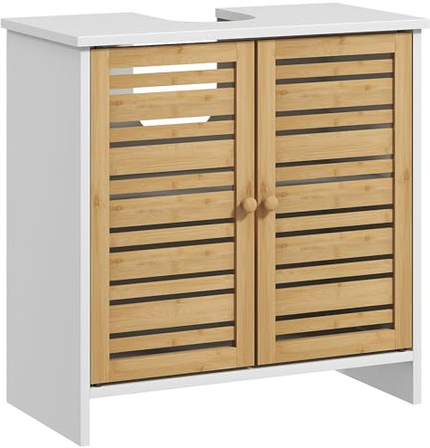 HOMCOM Meuble sous Vasque Meuble de Salle de Bain 2 Portes avec étagère réglable Armoire de Rangement pour lavabo 60 x 30 x 60 cm en Bambou Naturel et Blanc