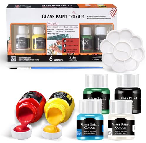Allony Glass Paints for Glass Painting, stained glass paint, 25ml/6 Colors of Paint + 1 Brush, for Ceramic & Rock Painting, Bright Colors, Strong Covering Power