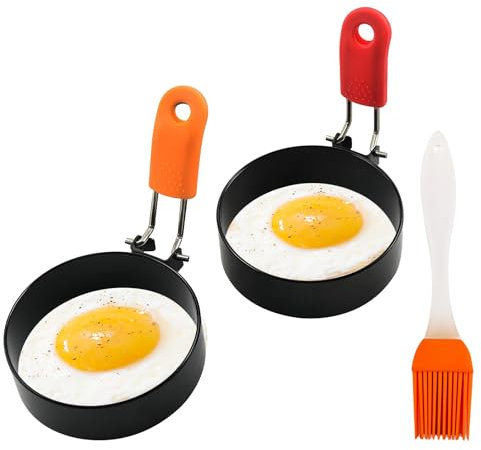 2 Pcs Egg Ring Set, Non-Stick Fried Egg Ring Stainless Steel Egg Rings with Anti-Scald Folding Handle Heat-Resistant Pancake Molds Egg Cooking Rings for Egg Frying,Pancakes,Mini Burger