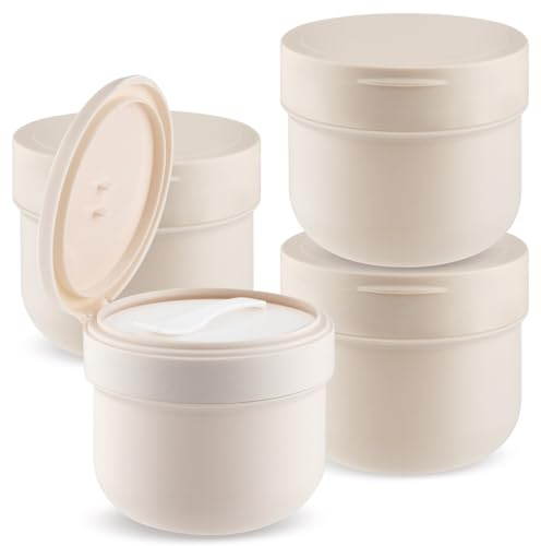 4 Pcs 300ml/10oz Plastic Containers Empty Cosmetic Jars Wide Mouth Makeup Sample Storage Pot with Lid & Inner Liner & Scoop for Lotion Cream Ointments Makeup Nails Paint - Brown