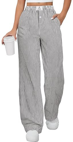 ANRABESS Women's Gingham Pants - Casual Lounge Pajama Bottoms for Home Sleep Resort Wear Black White Stripe Large