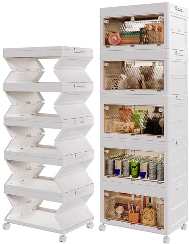 NEW Integrated Storage Boxes with Lid 60L*5 Tier One-Piece Design Plastic Storage Boxes, Flip-Door Foldable Stackable Bins with Wheels, Stackable Drawers Containers for Home Office Organisation