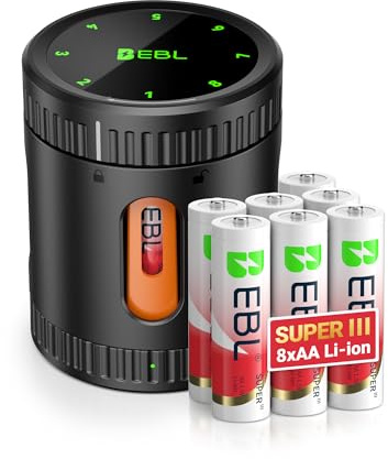 EBL uppladdningsbara litiumbatterier AA med laddare, 8 stycken 1,5 V super 3 600 mWh AA-batterier, universell batteriladdare för uppladdningsbara AA/AAA-batteri, NI-MH och NI-Cd-batterier | EBL Li batteri 3600 med laddare