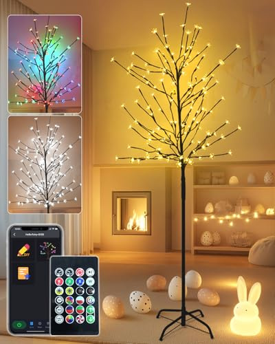 Smart LED Cherry Blossom Tree - 6ft Tall Color Changing Lighted Patriotic Tree App & Remote Control, Music Sync, Timer, 135 LEDs, Plug-in Fairy Tree for Indoor/Outdoor Home, Party, Wedding Decor