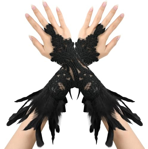 QIZHIQIAMY Gants Gothiques Vintage en Dentelle avec Plumes Femme Accessoires Élégants pour Carnavals, Costumes de Cygne, Tenues de Sorcière Noire (Noir)