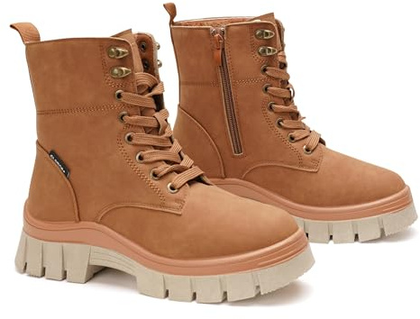 GLAMORA Botines mujer tipo militar de caña media con cordones y cremallera lateral, diseño urbano de invierno con suela track antideslizante y plataforma cómoda para uso diario, trabajo y paseos