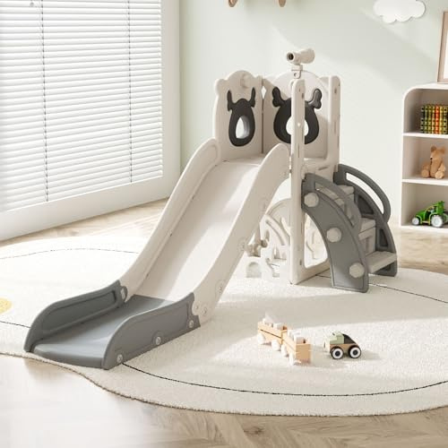 FUKEA 5-in-1 Kids Slide, Toddler Castle Slide with Storage Box Golf Club Basketball Hoop Telescope, Garden Slide Playground with Climbing Frame for Toddlers age 1-3 Indoor Outdoor