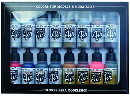 Vallejo Model Air Set: 16 Metallic Colors 17ml Bottles | Acrylic for Airbrush