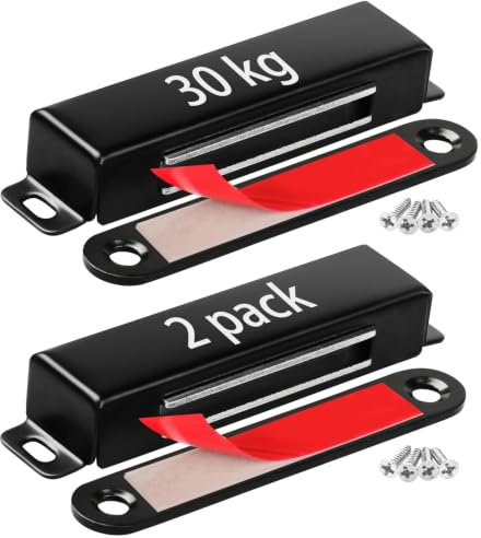 Strong Magnetic Door Catches/Latches 30 kg 2 Pack - Hold Warped Doors Tight | Cabinet Magnets for Closure Black for Cupboard Closet Drawer Window - No Measure or Mark Install in 5 Mins