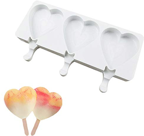 Ice-Cream Silicone Bar Mould, White 3 Cavity Heart Shape Silicone Moulds Popsicle Molds Chocolate Frozen Dessert Tray