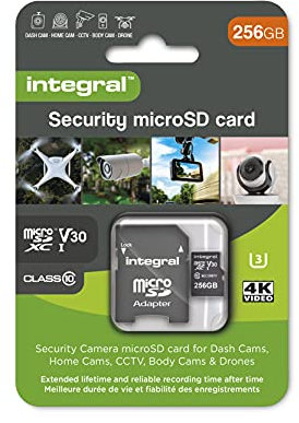 Integral tarjeta de seguridad Micro SD 256GB para dash-cams cámaras domésticas CCTV cámaras corporales y drones. Vida útil prolongada y grabación de confianza en todo momento de alta resistencia
