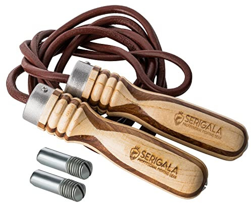 Serigala Profi Springseil aus Leder mit Holzgriffen - Lederspringseil mit Kugellagern und Gewichten - Skipping Rope zum Abnehmen, Ausdauer, Fitness, Kraftsport, Boxen und MMA - Jump Rope Braun