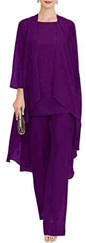 Zongqiven Chiffon Mother of The Bride Pant Suits 3Pcs Wedding Formal Outfit Set Evening Gown for Women Plum Purple