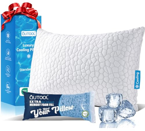 QUTOOL Cooling Pillow for Sleeping, CertiPUR-US Shredded Memory Foam Standard Pillow Set of 1, Cool Pillow for Hot Sleepers Adjustable Firm Pillow for Side,Back,Stomach Sleepers Soft Yet Support,White
