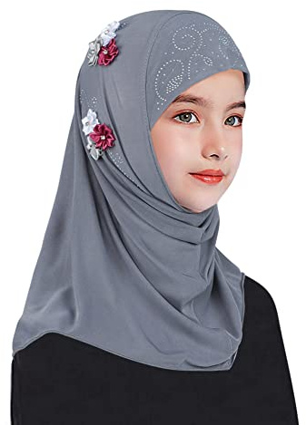 Hijab Cagoule à Enfiler Enfant Foulard Musulmane en Mousseline Echarpe Foulard de Prière avec Décoré de 6 Fleurs Turban Cheveux Musulmane Châle Islamique Malaisien pour Filles 2-6 Ans