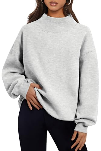 Trendy Queen Womens Oversized Sweatshirts Mock Neck Pullover Long Sleeve Hoodies Tops Fall Fashion Outfits 2026 Clothes Grey L