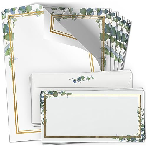 50 Briefpapier und Briefumschlag SET | Eukalyptus Gold-Look | Papier und Umschlag mit Design-Motiv bedruckt | 90 g/m²