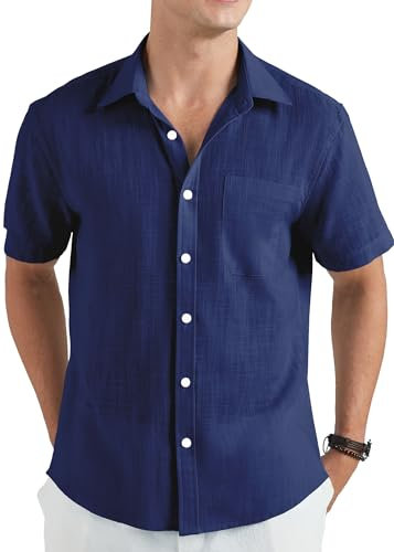 HISDERN Mens Shirts Short Sleeve Navy Blue Linen Shirt with Pocket Button Down Casual Beach Regular Fit 2XL