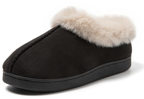 JOMIX Warme Hausschuhe Damen Plüsch Kunstwildleder Pantoletten mit Bequeme Fußbett Geschlossen Gefüttert Lammfell Puschen (MD9688, Schwarz, 39 EU)