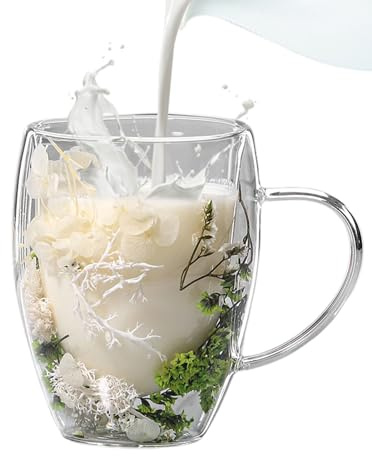 Bicchieri a doppia parete, 350 ml, a doppia parete, con fiori, in vetro, per caffè, tè, fiori secchi, trasparenti, con manico, per cappuccino, latte, tè