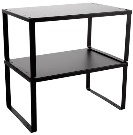 Set di 2 scaffali da cucina, 30 x 20 x 15 cm, colore nero, scaffalatura pieghevole in metallo, impilabile, portaspezie per stoviglie e forniture, più ripiani, dispensa, bagno