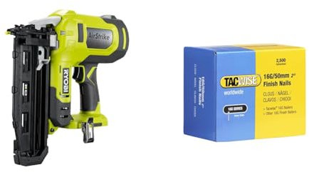 RYOBI - Cloueur de Finition 16G Air Comprimé 18V ONE+ - Pointe 19-64mm - Tête 1,6mm & Tacwise 0298 Clous de Finition Galvanisés de Type 16G / 50 mm, Lot de 2500, Argent