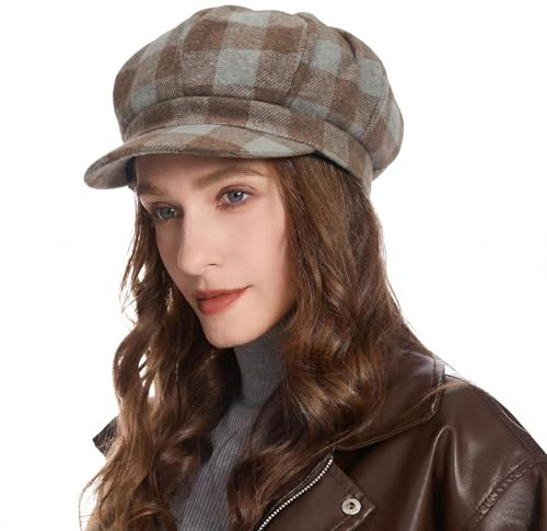 ZYLC Casquette Chaude à visière Béret Bonnet d'hiver Bonnet Ballon Design Classique, Plaid café, Taille Unique