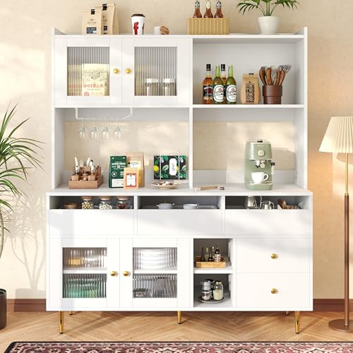Merax Buffetschrank, 170cm Küchenschrank, Vitrinenschrank Hochschrank mit 4 Türen, Buffetschrank Mehrzweckschrank für Küche Wohnzimmer Esszimmer, Weiß/145 x 39 x 171 cm