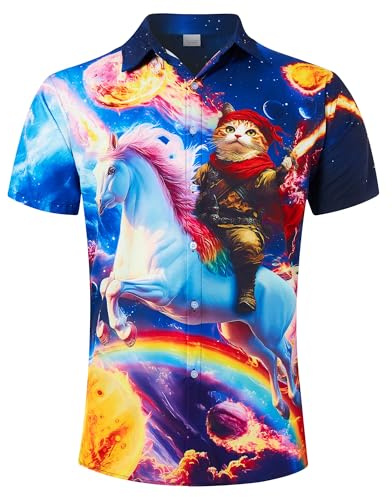 RAISEVERN Mens Shirts Cat Planet Bad Taste Ugly Stag 3D Printed Funny Horse Funky Loud Rave Awful Crazy Hawaiian Loud Shirt Gifts, M