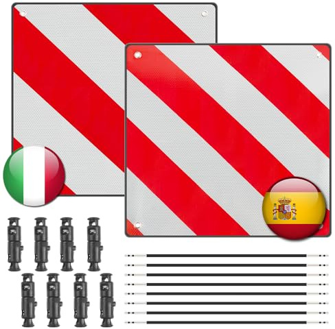 HOVCEH Aluminium Warning Sign for Italy/Spain, 2 in1 Red White Striped Warning sign with 4 Tie Down Strap, PVC Rear Warning Sign for Rear Carrier, Motorhome, Bicycle Carrier, Caravan Towing (50X50cm)