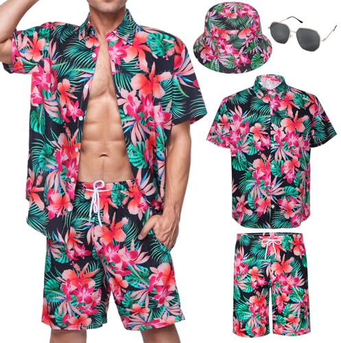 Chemise Hawaïenne Homme, Chemisette Homme Manche Courte T-Shirt et Short Chapeau Lunettes de Soleil Eté Fete Plage Tropicales (FR/ES, Alpha/Lettres, 3TG, Taille Normale, Taille Normale, Noir 2)