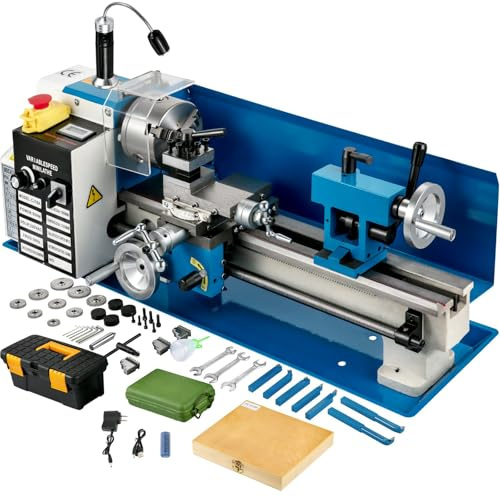 550W Mini Torno Paralelo de Metal 180x350mm de Alta Precisión con Portabrocas de 3 Mordazas y Velocidad de Husillo 50-2500 rpm para Roscado, Torneado y Taladrado (Engrane Metálico)