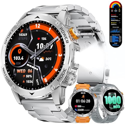 LIGE Reloj Inteligente Hombre, 1000mAh Batería/Linterna LED, Llamada Bluetooth Asistente de Voz, 100+ Modos Deportivos, 1,75 Exteriores Smartwatch Hombre para Android iOS, Plateado