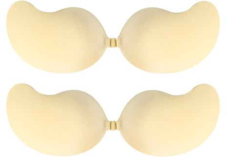 D.DUO 2-pack klibbiga axelbandslösa behåar, osynlig BH för kvinnor, halkfria silikon självhäftande behåar, rygglös push-up BH, BEIgE, C