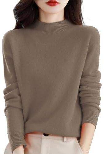 Cashmere Jumpers Ladies Women's Semi Turtleneck Sweater Autumn and Winter Warm Loose Sweater Jumpers for Women UK Long Sleeve Solid Color Pullover with A Base Shirt (D-Khaki, S)