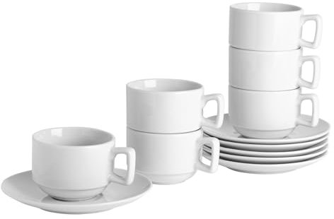 Argon Tableware 24 Piece Cappuccino Cup & Saucer Set - 200ml - Classic Collection - Stacking Tea Cup and Saucer Coffee Cappuccino Mugs Latte Drinking Mug Tea Plates