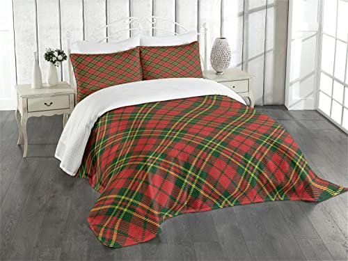 ABAKUHAUS Kariert Tagesdecke Set, Irish Tartan Weihnachten, Set mit Kissenbezügen Waschbar, für Doppelbetten 264 x 220 cm, Smaragdgrün Gelb