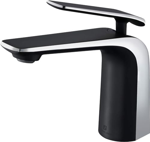 TOCALOCA Matte Black and Polished Chrome Bathroom Basin Faucet, Premium Brass One Hole Lavatory Vanity Sink Faucet Single Handle, Contemporary Bathroom Single Lever Mixer Tap Black and Sliver