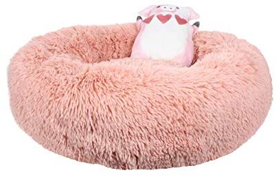 Dream Paws Calming Donut Dog Bed for Small Dogs & Cats, Fluffy Anti-Anxiety Pet Bed with Soft Faux Fur, Washable Plush Round Cuddler Bed with Squeak Toy, Non-Slip Base | Pink 58x58cm
