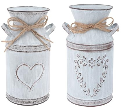 2pcs Metal Flower Vase Galvanized Milk can Watering Jug, Rustic Flower Pitcher Farmhouse Vase with Heart Shaped for Home Office Garden Wedding Decor Indoor and Outdoor Table Centerpiece
