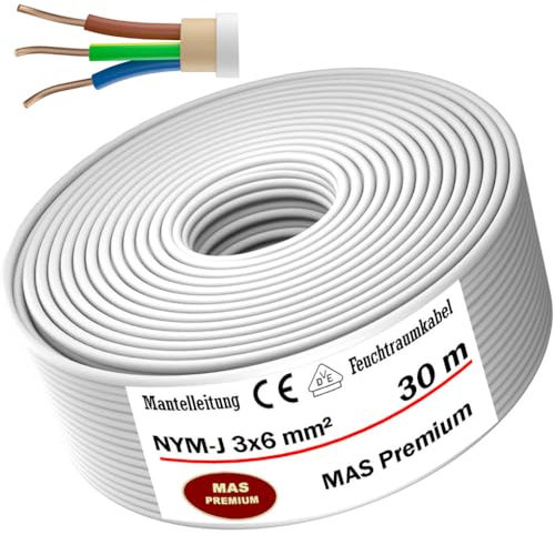 MAS-Premium Câble d'alimentation NYM-J pour pièces humides - De 5 à 80 m - Câble gainé NYM-J 3 x 6 mm² - Avec anneau pour pose fixe (30 m)